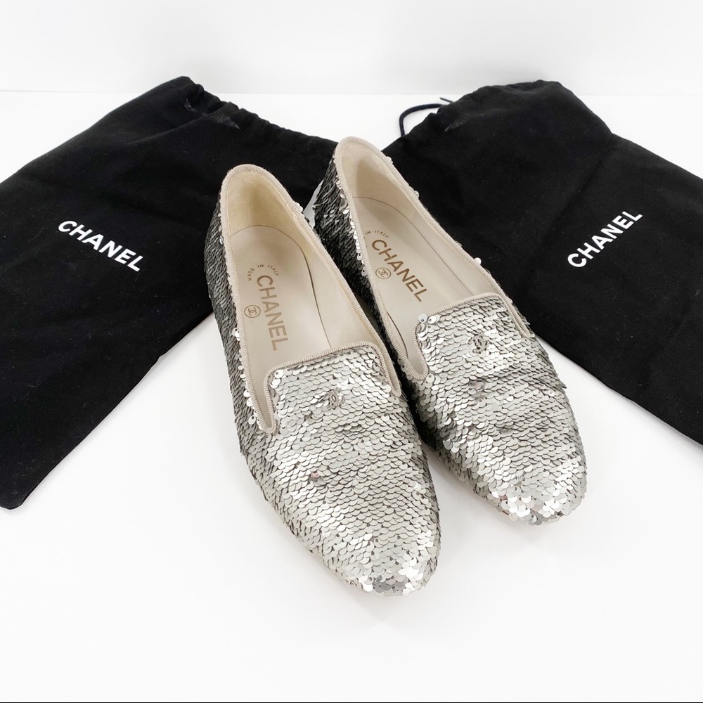 CHANEL | Silver Sequin Loafers Slippers Flats - Picture 1 of 12